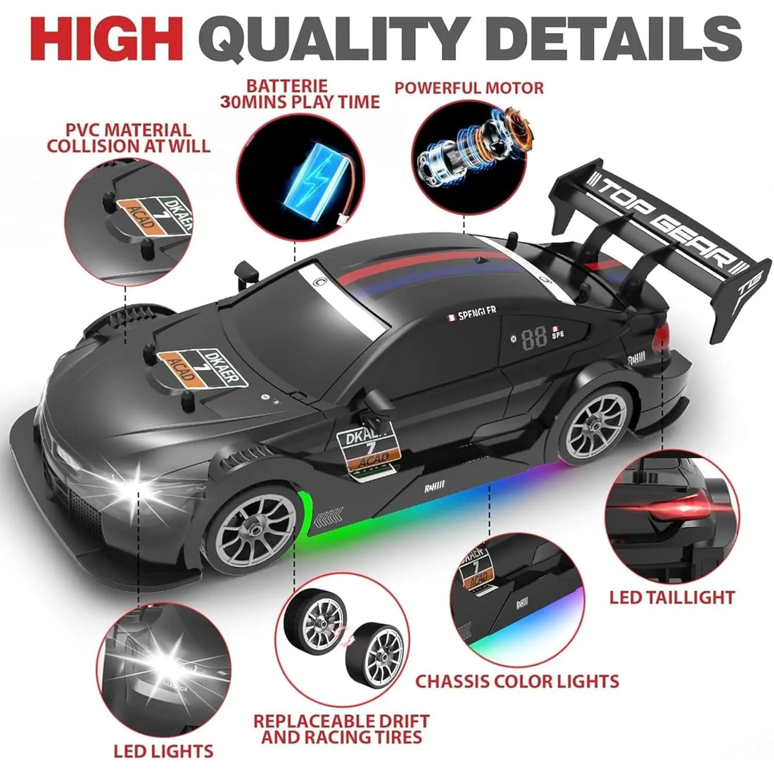 Big Size Top Quality RC Drift Car - 31 cm - With Extra Tyres & Props